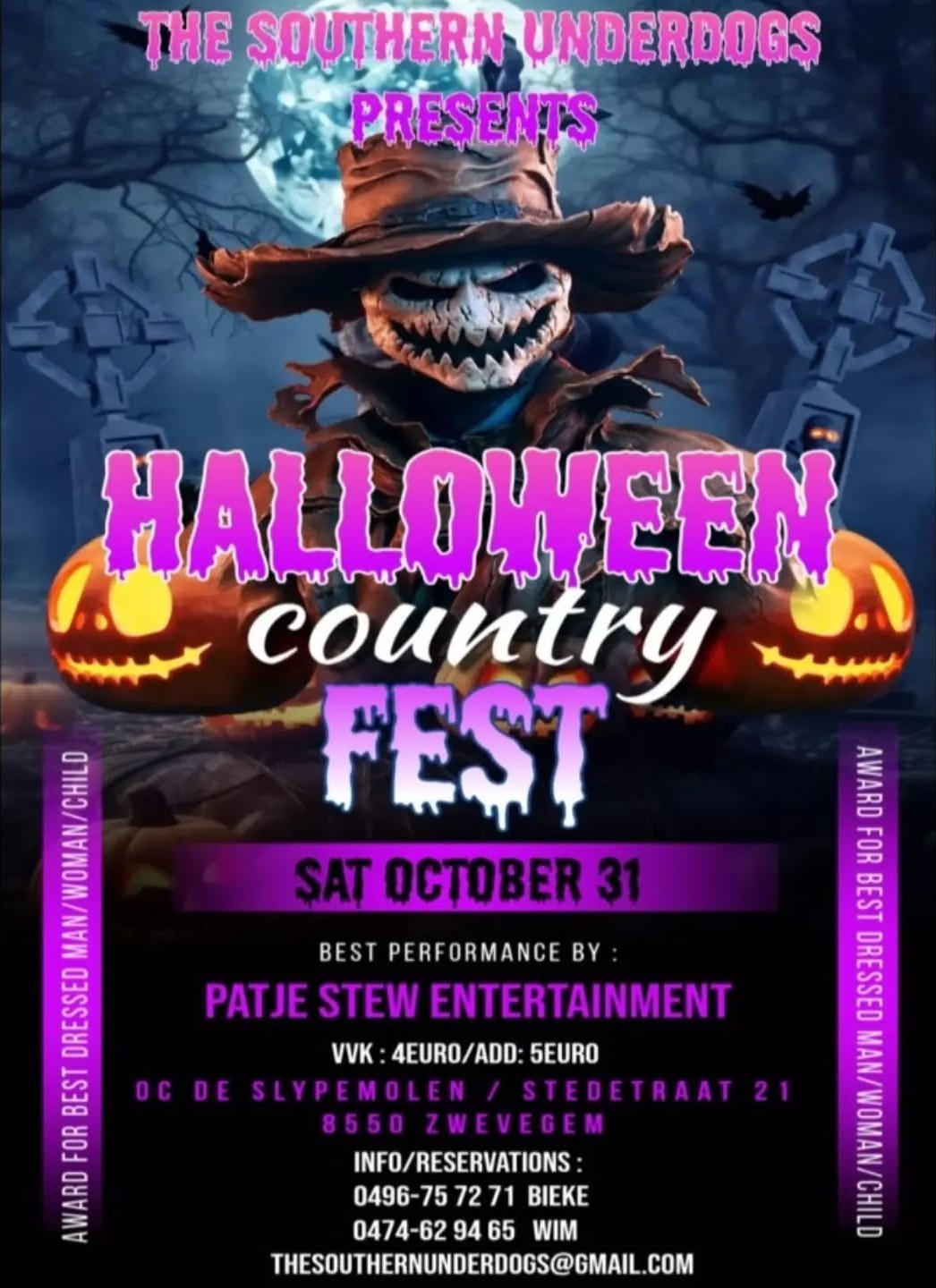 Affiche: Halloween Country Fest van The Southern Underdogs op zaterdag 31 oktober in OC De Slypemolen te Zwevegem, met Patje Stew Entertainment
